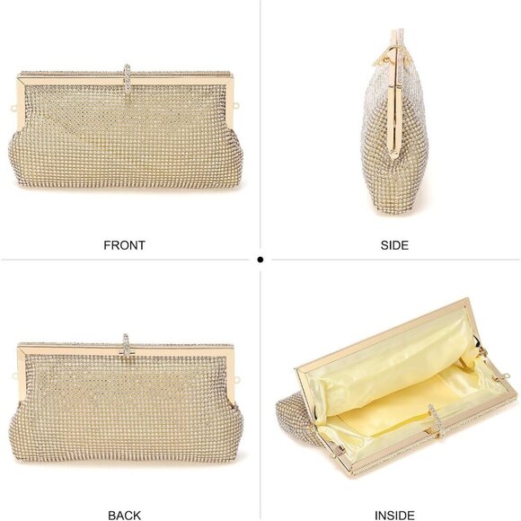 🆕Women Gold Polyester Crystal Rhinestone Evening Clutch Purse Crossbody Handbag - Picture 7 of 7